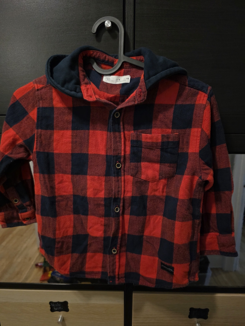Zara Red and Navy Plaid Hooded Button-Down Shirt